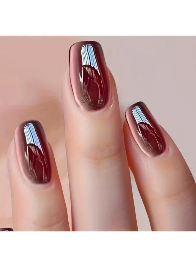 HTKCRX Metallic Burgundy Mirror Press On Nails | Chrome Shine Fake Nails | Reusable & Scratch Resistant | Eco ABS Nail Tips | Perfect for Work, Party & Wedding | Natural Fit Without Damage - Image 1